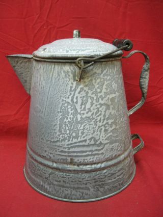 Large Vintage Mottled Gray Enamel Ware Graniteware Cowboy Coffee Pot Kettle