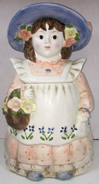 Vintage Cookie Jar - Country Girl With Bonnet And Flower Basket,  Made In Japan