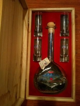 Corazon Tequila Blanco 100 Blue Agave Wooden Box W/ Bottle And 4 Shot Glasses