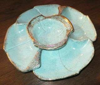 Vintage Turquoise And Gold California 146 Lazy Susan 2 Piece Set