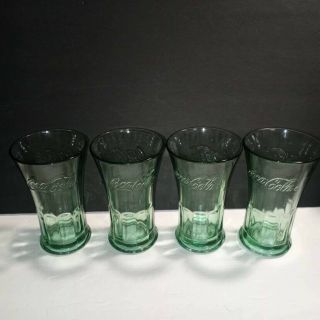 Set Of 4 Libbey 6 " Heavy Green Glass Coca Cola Coke Flared 16oz Glasses