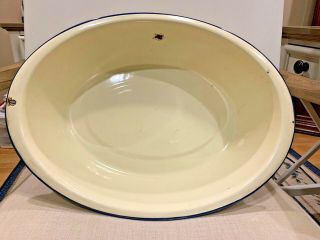 Vintage Enamel Ware Tub Basin Farm House Oval Wash Bowl Pan 17 3/4” Yellow Blue