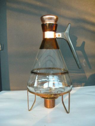 Mid Century Glass Coffee / Tea Pot,  Carafe With Warmer Stand,  Copper & Cork Top