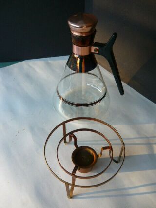 MID CENTURY GLASS COFFEE / TEA POT,  CARAFE WITH WARMER STAND,  COPPER & CORK TOP 3