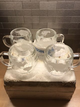 4 Nestle Nescafe World Globe 8 Oz Glass Advertising Mugs - Vintage Nib