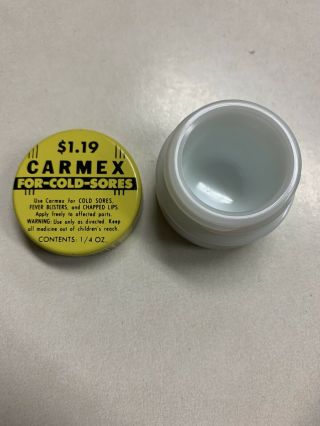 Vintage Empty Carmex Lip Balm Milk Glass Container,  Metal Lid