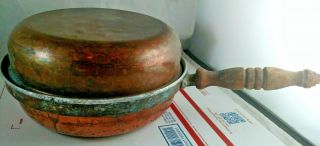 Vintage Copper Sauce Frying Pan Skillet Cooking Pot Wood Handle Lid Antique