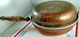 Vintage Copper Sauce Frying Pan Skillet Cooking Pot Wood Handle Lid Antique 2