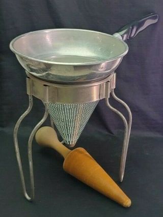 Vtg Wear Ever Aluminum Strainer W Stand And Wooden Pestle Sifter Sieve 462