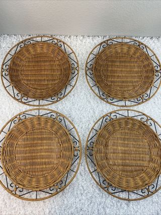 Vintage Wicker Rattan And Metal Chargers Plate Holders Boho Tiki 12.  5 " Round