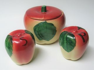 Vintage Hull Blushing Apple Pottery Grease Jar With Salt & Pepper Shakers Vgc
