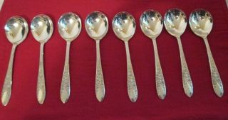 Vintage 8 Soup Spoons National Silver Co.  A1 " Rose And Leaf " Silverware/flatware