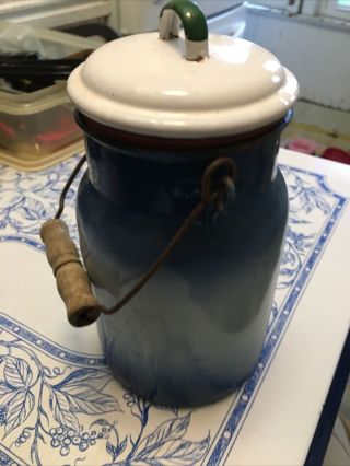 Vintage Enamel 2 Liter Milk Jug Can Wooden Handle French Blue White Porcelain
