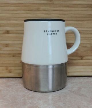 Starbucks 2004 Travel Mug W Lid.  Ceramic & Stainless Steel.  Rubber Bottom.