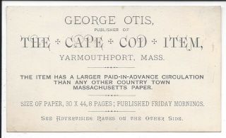 Business Card Of " The Cape Cod Item " Newspaper,  C1880s