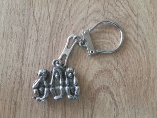 Rare Vintage Old Metal Three Wise Monkeys Keychain Key Ring Charm Hear No Evil