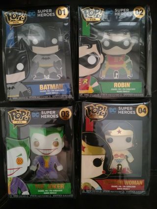 Set Of 4 Large Enamel Pins Funko Dc Pop Pins Joker Wonder Woman Robin Batman