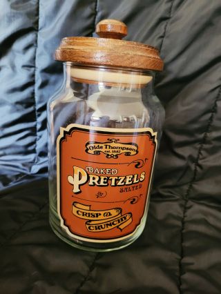 Vintage Olde Thompson Baked Pretzels Glass Jar With Wooden Lid 10 1/2 " Tall