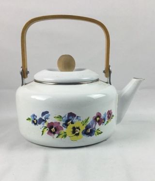 Vintage Enamel Kettle Tea Pot Retro Flowers Design Wood Handle