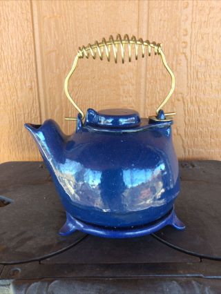 Vintage Blue Speckle Enamel Cast Iron Tea Kettle W/ Stand Cooking Woodstove