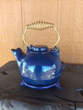 Vintage Blue Speckle Enamel Cast Iron Tea Kettle w/ Stand Cooking Woodstove 2