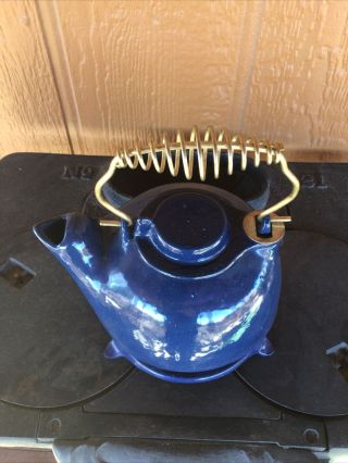 Vintage Blue Speckle Enamel Cast Iron Tea Kettle w/ Stand Cooking Woodstove 3