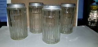 4 Antique Hoosier Cabinet Jars Lids Salt Pepper & 2 Spice Ribbed Notched Effect