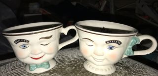 Vintage Bailey’s Irish Coffee Cups Mr Mrs Yum Winking Eye Face Coffee Mugs Aqua
