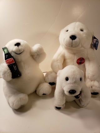 Coca Cola Plush Bears Family Of 3 Different Sizes With Coke Bottles 1993