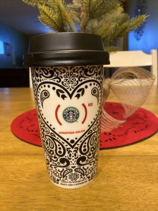 Starbucks 2010 Jonathan Adler Red Heart Black Paisley Ceramic Travel Mug W/ Lid