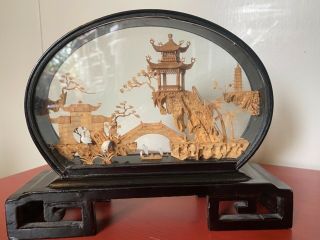 Vintage Chinese Carved Cork Diorama Or Shadowbox