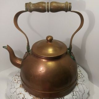 Vintage Copper Tea Kettle/coffee Pot With Wooden Handle And Patina.