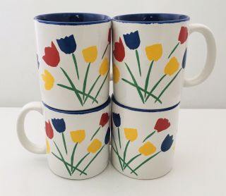 Vintage 80s Tulip Flower Ceramic Mug Cup Set Of 4 Red Blue Yellow Marimekko - Ish