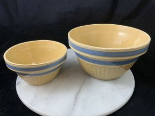 Two Vintage Yellow Ware Stoneware Pottery Blue/white Stripes Ribbed Mixing Bowls