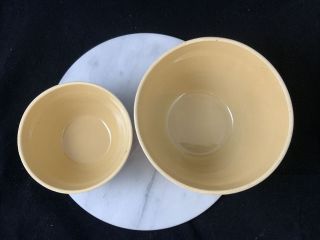 Two Vintage Yellow Ware Stoneware Pottery Blue/White Stripes Ribbed Mixing Bowls 2