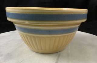 Two Vintage Yellow Ware Stoneware Pottery Blue/White Stripes Ribbed Mixing Bowls 3