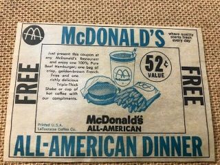 Vintage 1960s Mcdonalds All American Meal Coupon With Slash " M ".  Rare