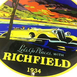 Lets Go Places With Richfield 1934 Oil Co Retro Gasoline Metal Sign 11.  75” Dia