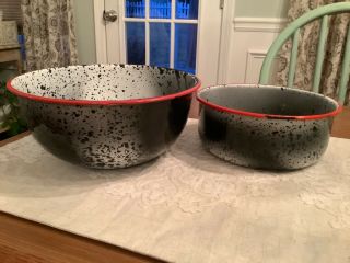 2 Red White Black Splatterware Enamel Ware Mixing And Serving Bowl