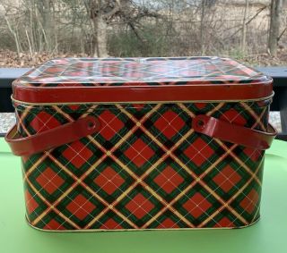 Vintage Red Plaid Metal Picnic Basket With Handles Bread Box Tin Container