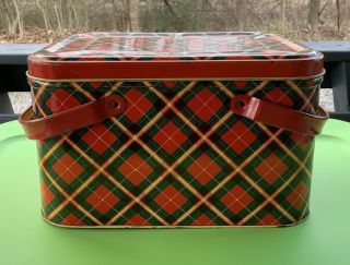 VINTAGE RED PLAID METAL PICNIC BASKET WITH HANDLES BREAD BOX TIN CONTAINER 2