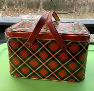 VINTAGE RED PLAID METAL PICNIC BASKET WITH HANDLES BREAD BOX TIN CONTAINER 3
