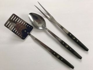 3 Vintage Flint Arrowhead Black Handle Utensils Spatula Meat Fork & Solid Spoon
