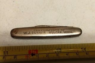 Vintage W.  J.  Turner Vulcan Michigan Advertising Pocket Knife