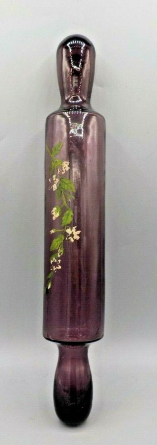 Antique Vtg Hand - Blown Glass Rolling Pin Amethyst Purple Hand Painted Flowers
