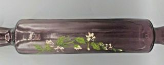 Antique Vtg Hand - Blown Glass Rolling Pin Amethyst Purple Hand Painted Flowers 2