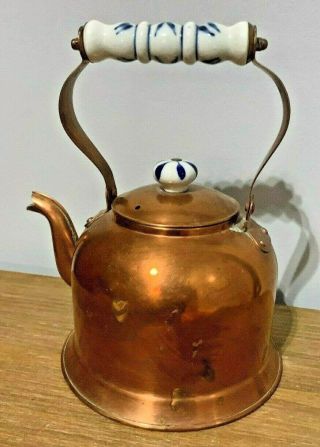 Vintage Copper Teapot,  Tea Kettle Blue & White Porcelain Ceramic Handle