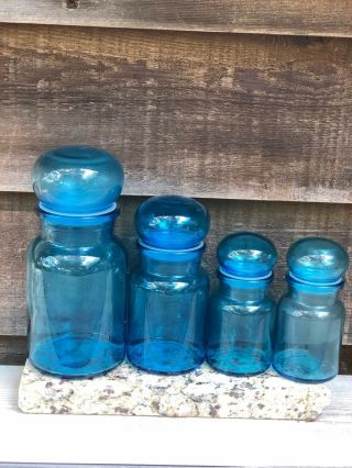 Set Of 4 Vintage Cobalt Blue Glass Belguim Apothacary Airtight Storage Jars