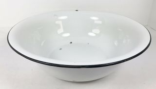 Vintage White Enamel Dish Pan Wash Tub Basin Hanging Hole Black Trim 12 3/8 "