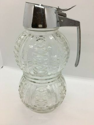 Syrup Dispenser Vintage Large Glass Embossed Dripout Chrome Top Euc